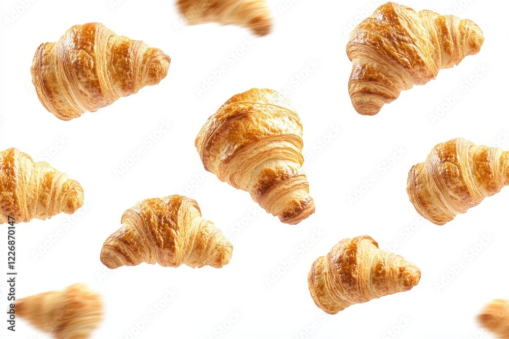 Falling croissants, white background, food photography, bakery Falling croissants, white background, food photography, bakery