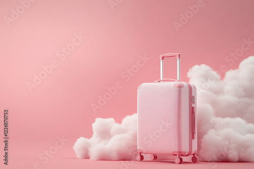 Suitcase among clouds on pink background