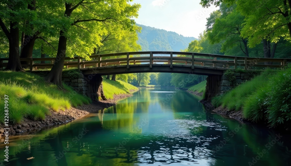 tranquil river flowing beneath a sturdy wooden bridge, landscape, tranquility tranquil river flowing beneath a sturdy wooden bridge, landscape, tranquility