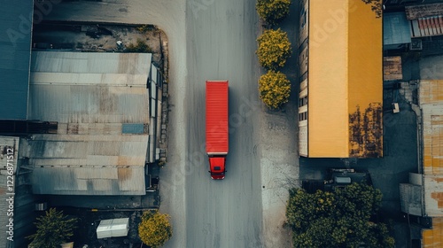 Aerial view Red truck city delivery logistics