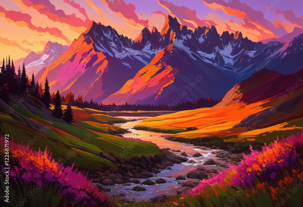 stunning sunset over majestic mountain range casting shadows over lush green valley vibrant sky colors, mountains, clouds, trees, nature, landscape, horizon stunning sunset over majestic mountain range casting shadows over lush green valley vibrant sky colors, mountains, clouds, trees, nature, landscape, horizon