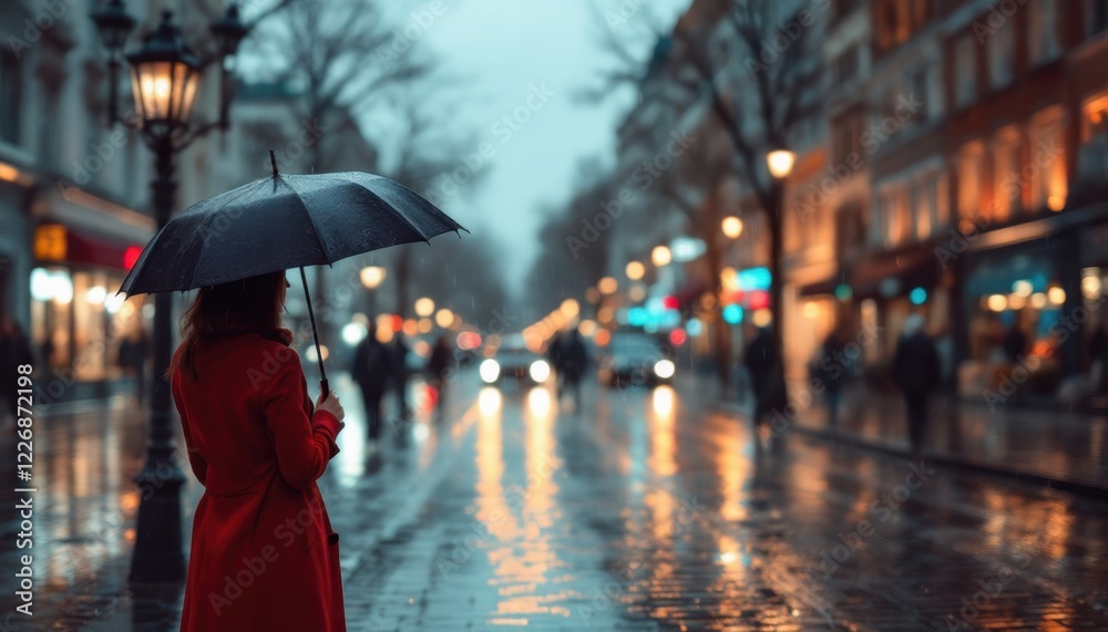 Obraz premium Woman in red coat holding umbrella on rainy city street at dusk