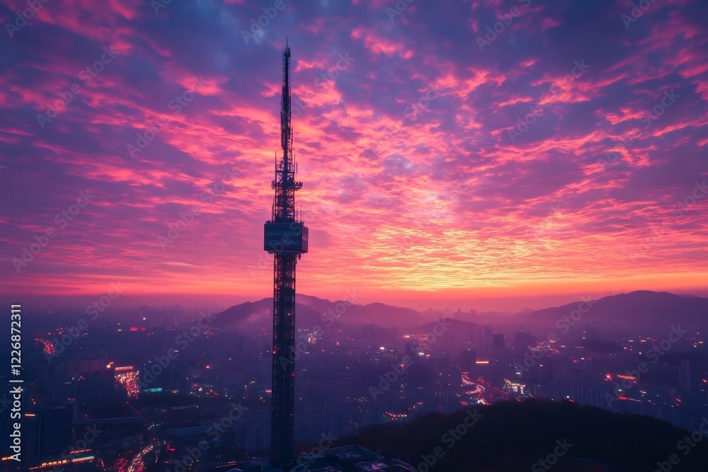 Obraz premium Dragon King's Daughter Observation Tower standing out against colorful sunset over Jinan city, China