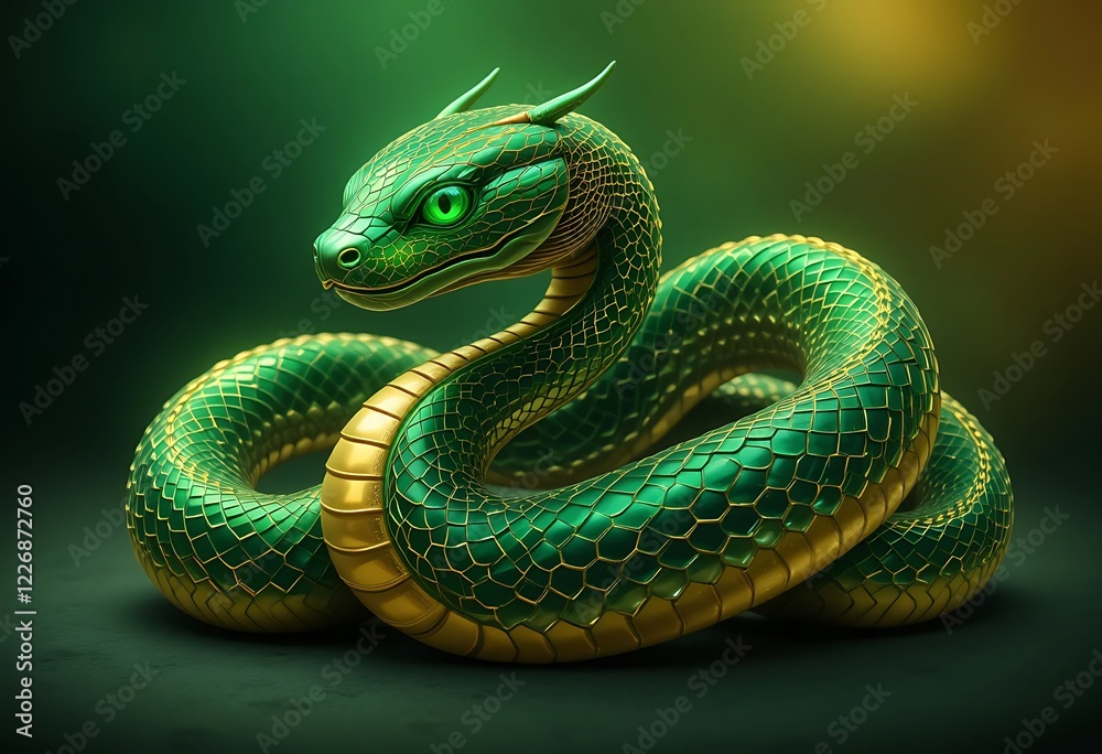 Fototapeta premium Green Gold Snake Digital Art Majestic Reptile Fantasy Creature