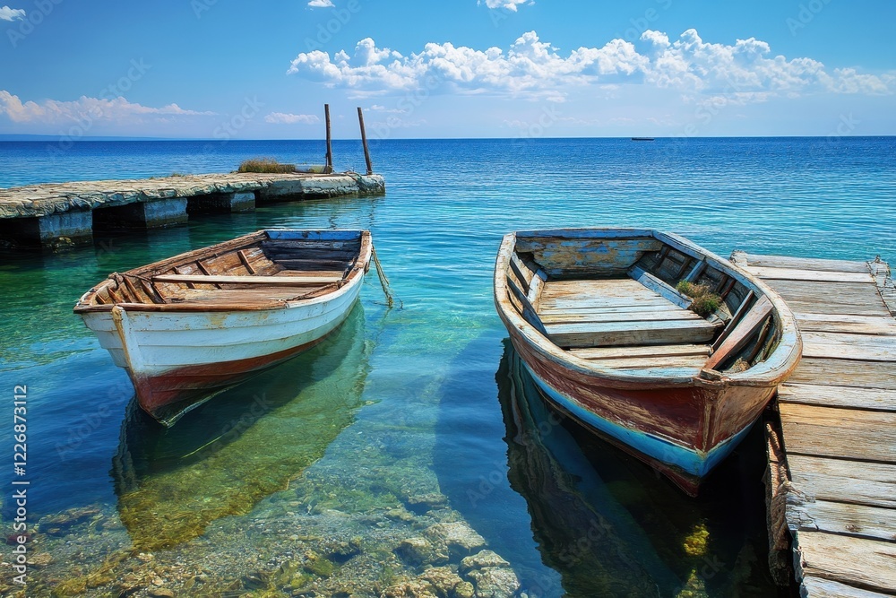 Tranquil coastal boats moored at a dock Tranquil coastal boats moored at a dock