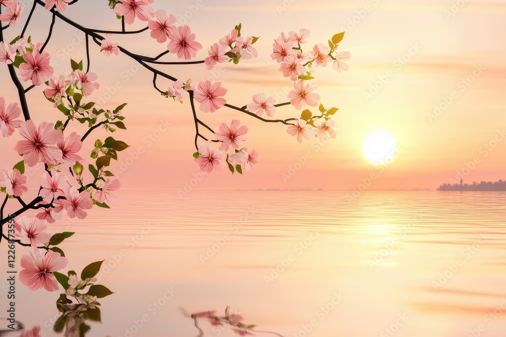 Naklejka premium Spring Sunset over a Lake A tranquil lake reflecting a pink and orange spring sunset, with blooming trees on the shore. 