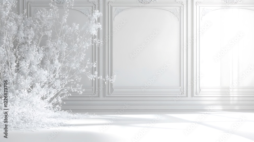 Fototapeta premium White Room with Ornate Walls and Flowering Branches