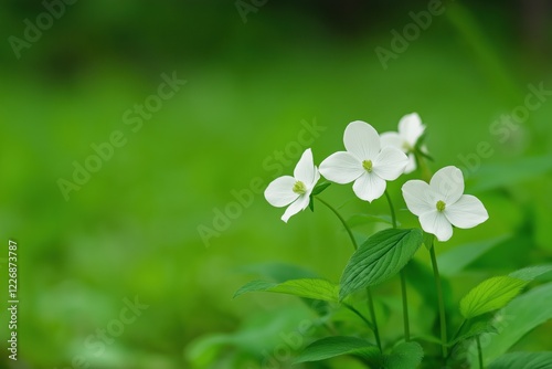 A close up of three white flowers in a green field. The flowers are small and delicate, with a bright white color. The field is lush and green, creating a peaceful and serene atmosphere