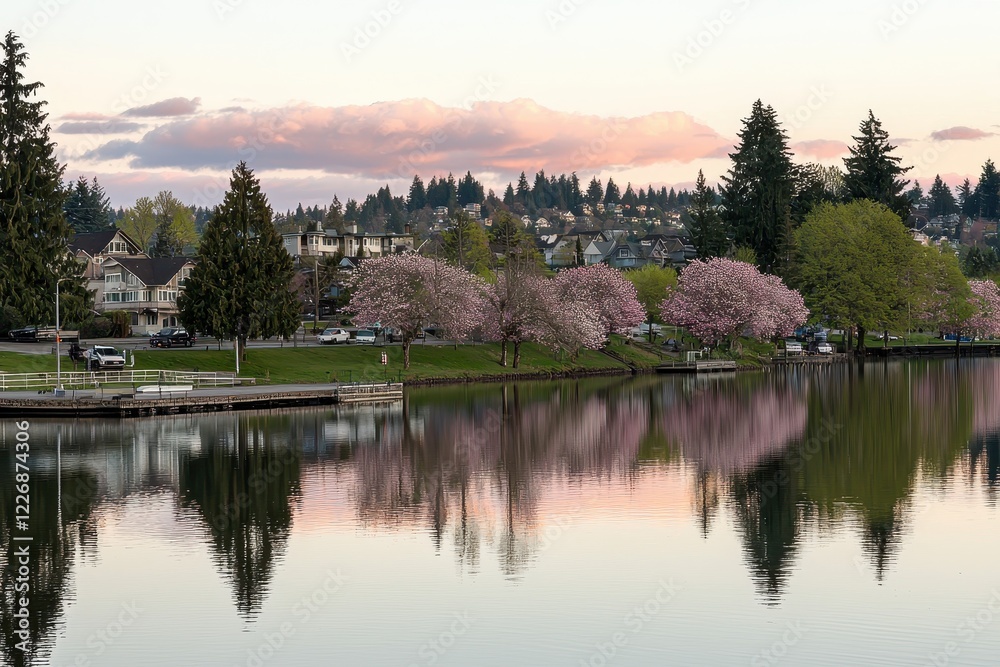 Fototapeta premium Spring Sunset over a Lake A tranquil lake reflecting a pink and orange spring sunset, with blooming trees on the shore.