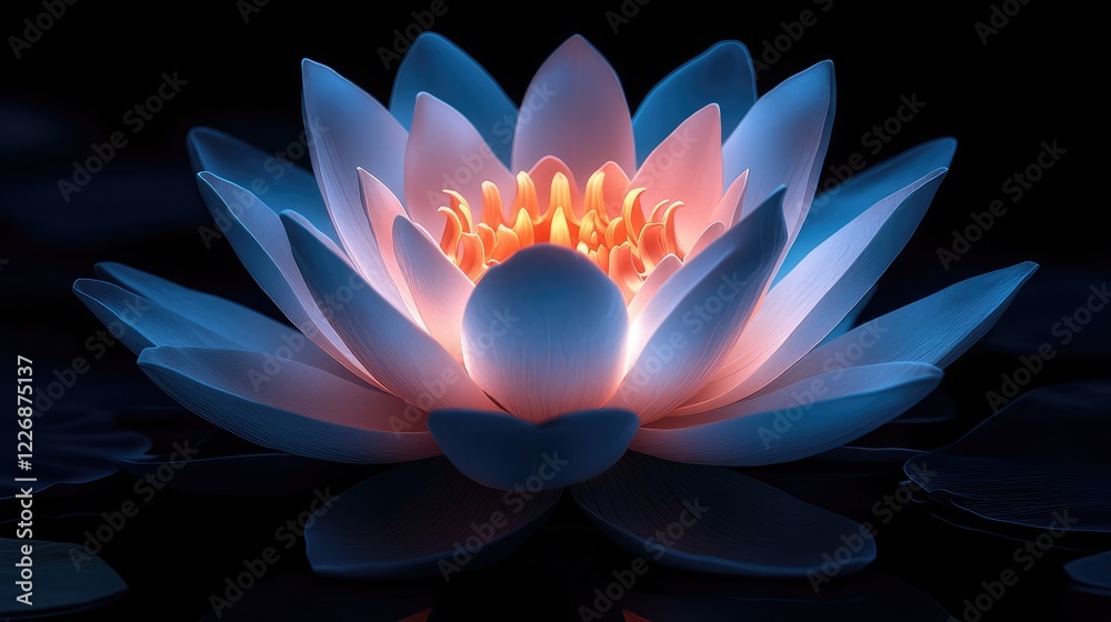 Radiant Lotus Blossom Illuminated in Darkness, Emanating Peace and Serenity with Soothing Glow against Black Background Radiant Lotus Blossom Illuminated in Darkness, Emanating Peace and Serenity with Soothing Glow against Black Background