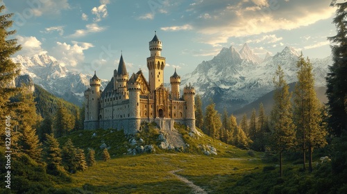 Majestic Fantasy Castle Surrounded by Lush Greenery and Towering Mountains in Distance