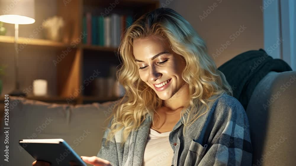 The Woman with Tablet Smiling