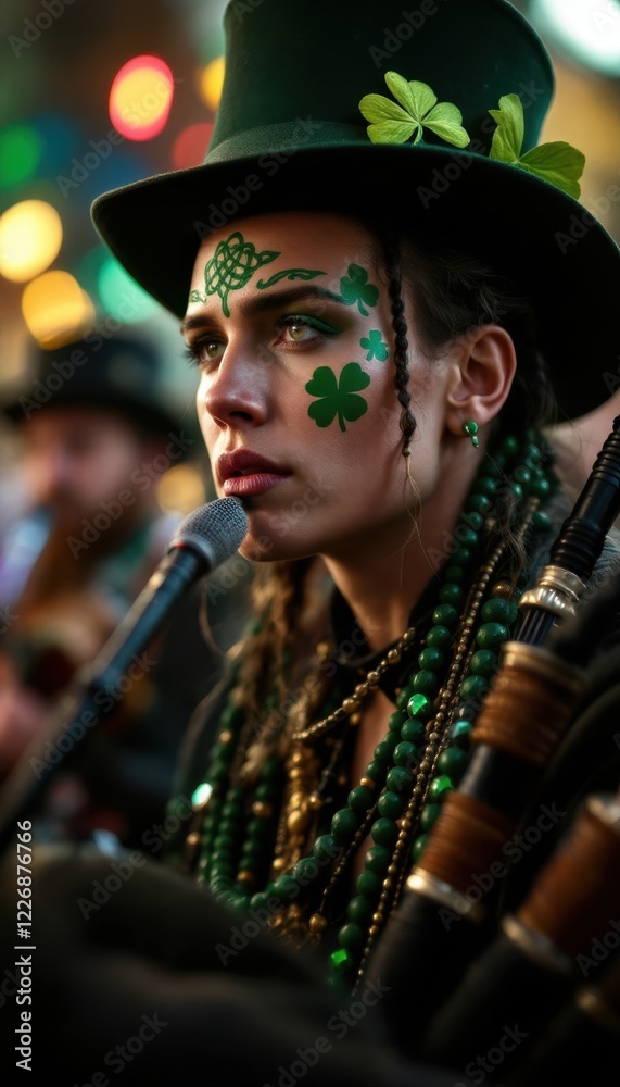 Fototapeta premium Female musician in traditional irish costume with face paint playing bagpipes