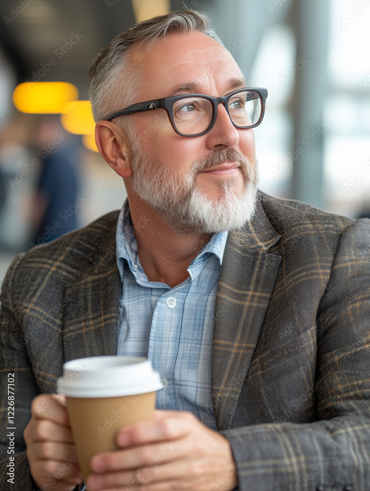 Man in suit with fresh coffee waiting at the airport for his flight. Man in suit with fresh coffee waiting at the airport for his flight.