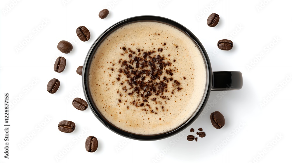 Fototapeta premium Aromatic Coffee Cup with Roasted Beans Top View Cappuccino