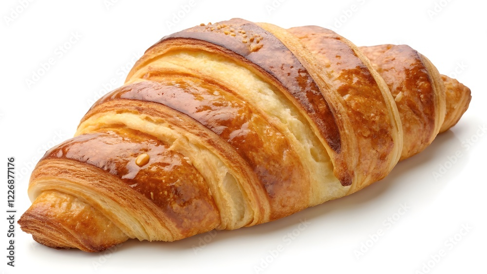 A freshly baked croissant with golden flaky layers, isolated on a white background A freshly baked croissant with golden flaky layers, isolated on a white background