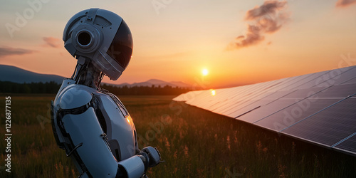 Robotics and artificial general intelligence in nature sunset landscape ai technology innovation solar energy photo