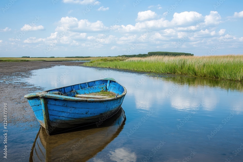 Blue boat in calm river, coastal marsh background, summer day Blue boat in calm river, coastal marsh background, summer day