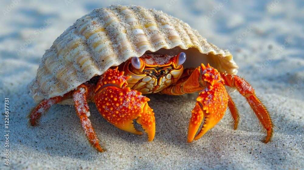 A hermit crab peeking out of its seashell on a sandy beach in bright daylight A hermit crab peeking out of its seashell on a sandy beach in bright daylight