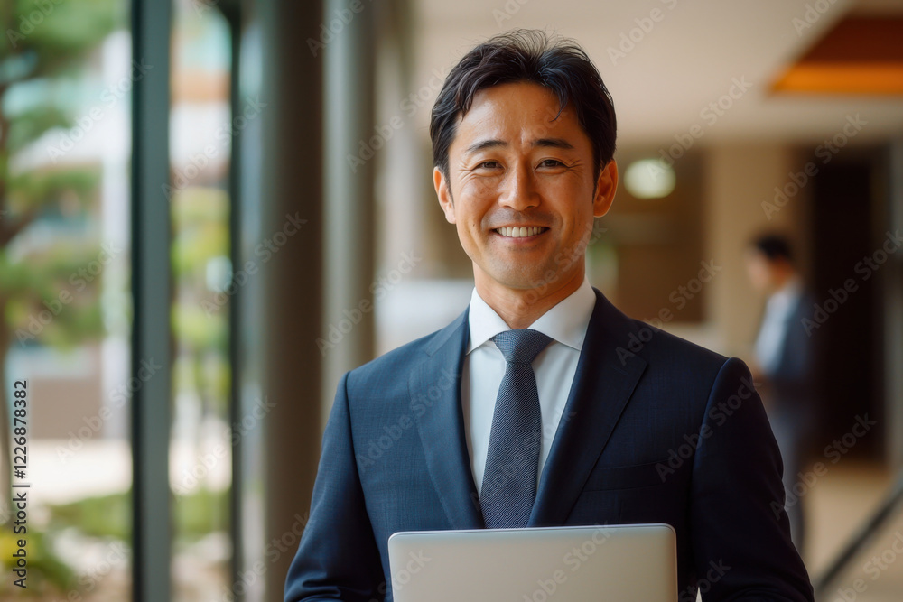 Business professional in a modern office environment smiling confidently Business professional in a modern office environment smiling confidently