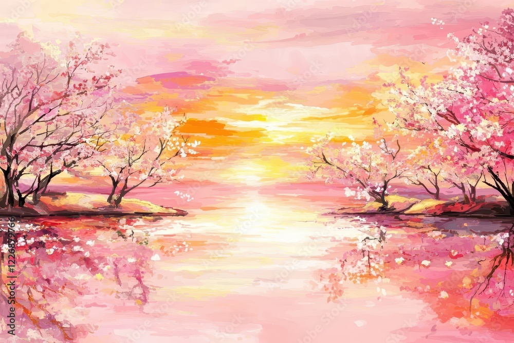Spring Sunset over a Lake A tranquil lake reflecting a pink and orange spring sunset, with blooming trees on the shore. Spring Sunset over a Lake A tranquil lake reflecting a pink and orange spring sunset, with blooming trees on the shore.