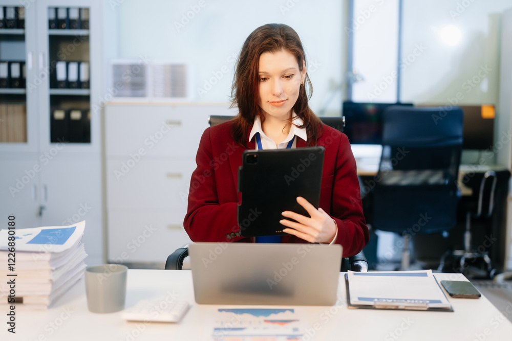 Confident businesswoman working on a laptop at a sleek office desk, showcasing professionalism, productivity Confident businesswoman working on a laptop at a sleek office desk, showcasing professionalism, productivity