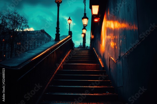 City bridge stairs night ascent urban lamps photo