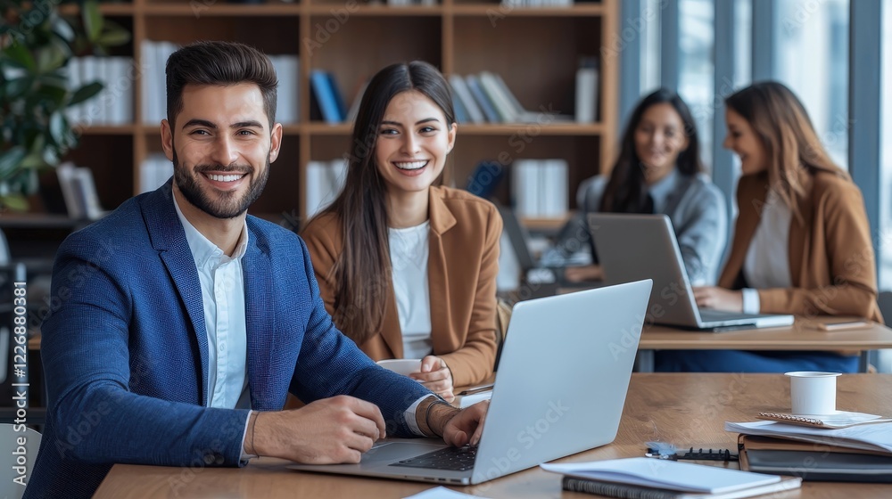 Young Professionals Smiling in Modern Office Setting Young Professionals Smiling in Modern Office Setting