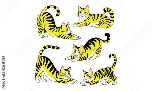 Playful Yellow Tiger-Striped Cat Illustrations in Various Poses