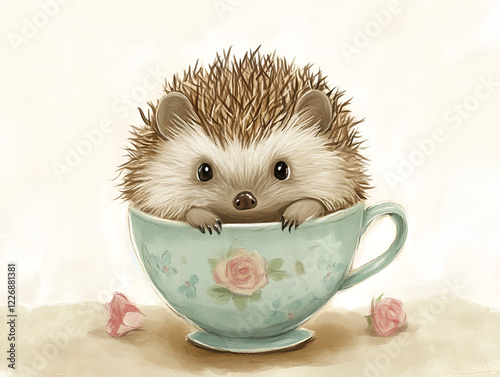 Hedgehog Tea Party: A delightful illustration featuring a sweet little hedgehog peeking out from a charming teacup adorned with pink roses. This whimsical image evokes warmth and nostalgia.