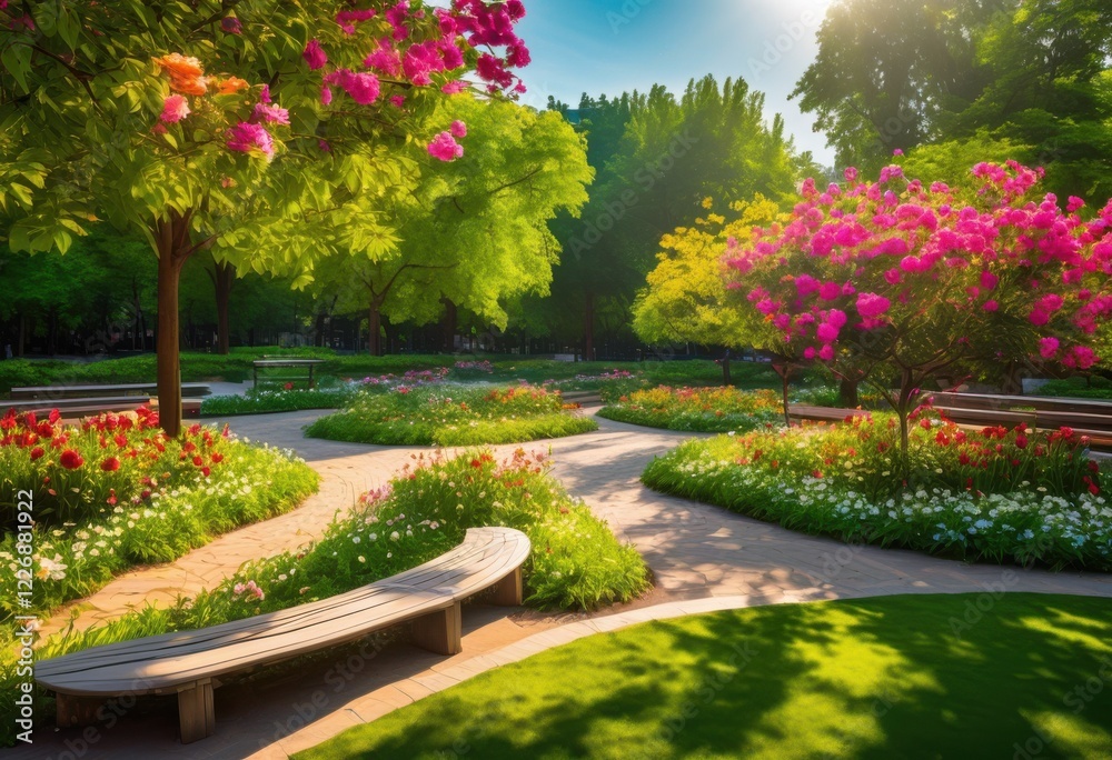 Obraz premium vibrant urban park featuring lush scenic colorful flower serene relaxation areas ideal leisure activities, bench, bush, city, design, discover, yellow, zoned