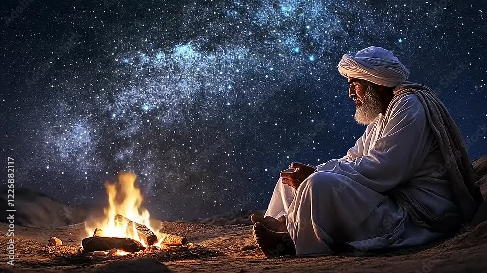 A contemplative figure in traditional attire sits by a campfire under a starry desert sky A contemplative figure in traditional attire sits by a campfire under a starry desert sky