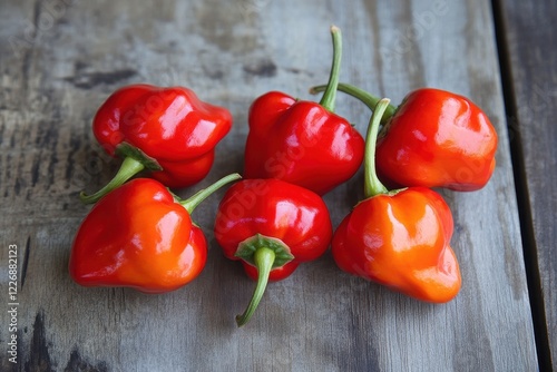 Red chili peppers rustic wood background food photography photo