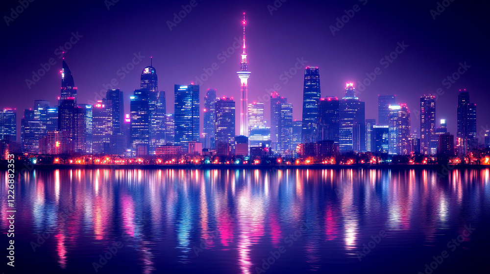 Fototapeta premium Illuminated Futuristic City Skyline with Vibrant Neon Lights Reflecting on Water at Night