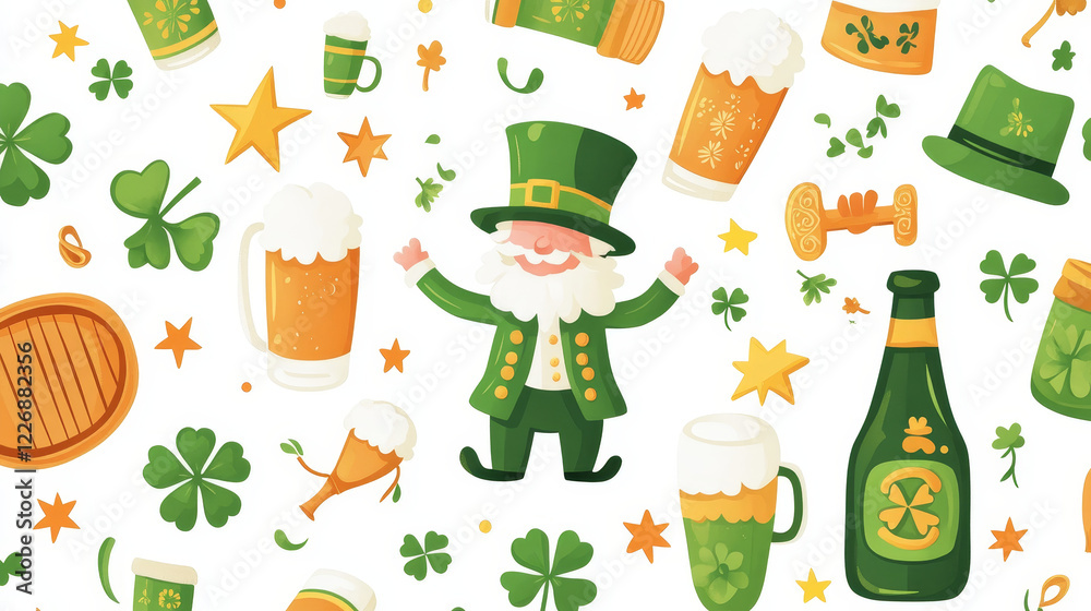 Happy Patricks day greeting and party beer pub icons. Vector Saint Patrick with shamrock clover leaf, leprechaun in hat with beard and mustache, coins cauldron and horseshoe with stars, drum and hat Happy Patricks day greeting and party beer pub icons. Vector Saint Patrick with shamrock clover leaf, leprechaun in hat with beard and mustache, coins cauldron and horseshoe with stars, drum and hat