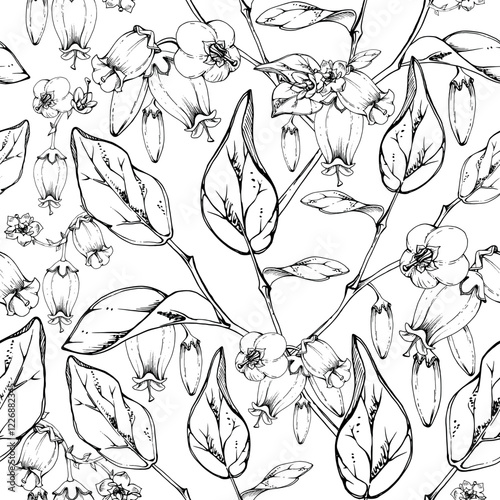 Blueberry white line bell flower and bud with plant leaves on branches, hand drawn in ink vector, wildflower botanical illustration. Seamless isolated pattern for wedding, florist shop, scrapbooking