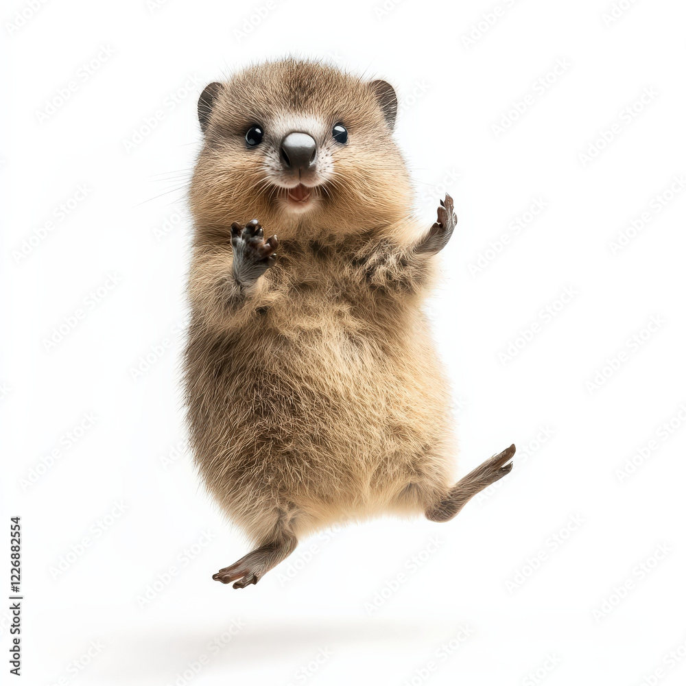 Fototapeta premium Adorable quokka leaps joyfully, paws outstretched.