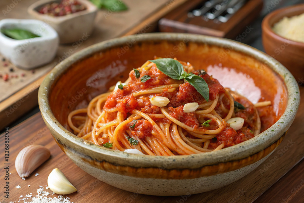 Spaghetti with tomato sauce in a rustic ceramic bowl Spaghetti with tomato sauce in a rustic ceramic bowl