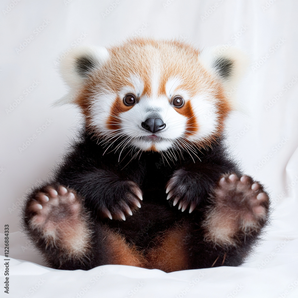 Obraz premium Adorable red panda cub sitting, paws forward, on white background.