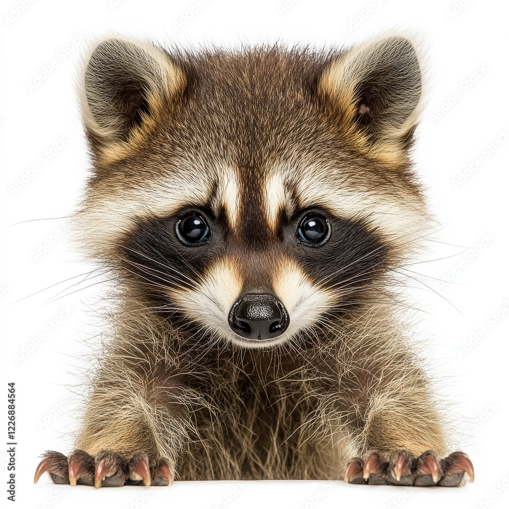 Obraz premium Adorable baby raccoon peering over edge, sharp claws visible.