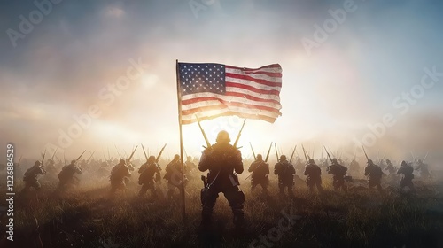 Soldiers with American Flag at Dawn photo