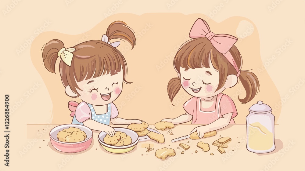 Joyful Childhood Moments: Smiling Cute Girls Baking Cookies Joyful Childhood Moments: Smiling Cute Girls Baking Cookies
