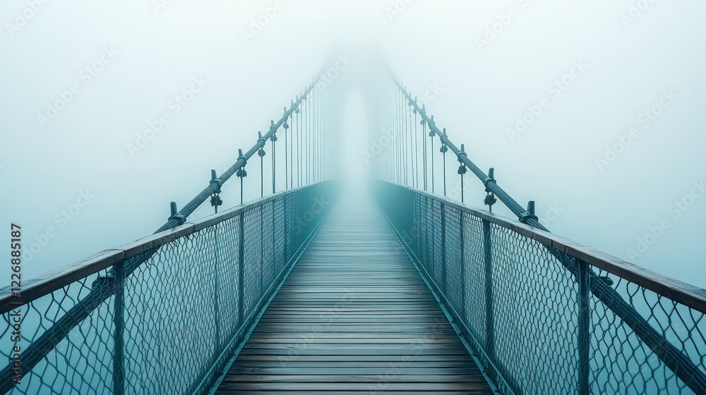 Misty suspension bridge pathway, foggy landscape, travel Misty suspension bridge pathway, foggy landscape, travel