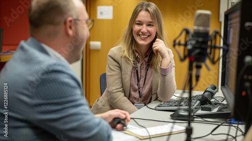 Cheerful Radio Hosts Recording a Podcast in a Professional Studio