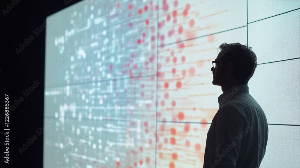 A person stands in front of a large screen with abstract data visualization display A person stands in front of a large screen with abstract data visualization display