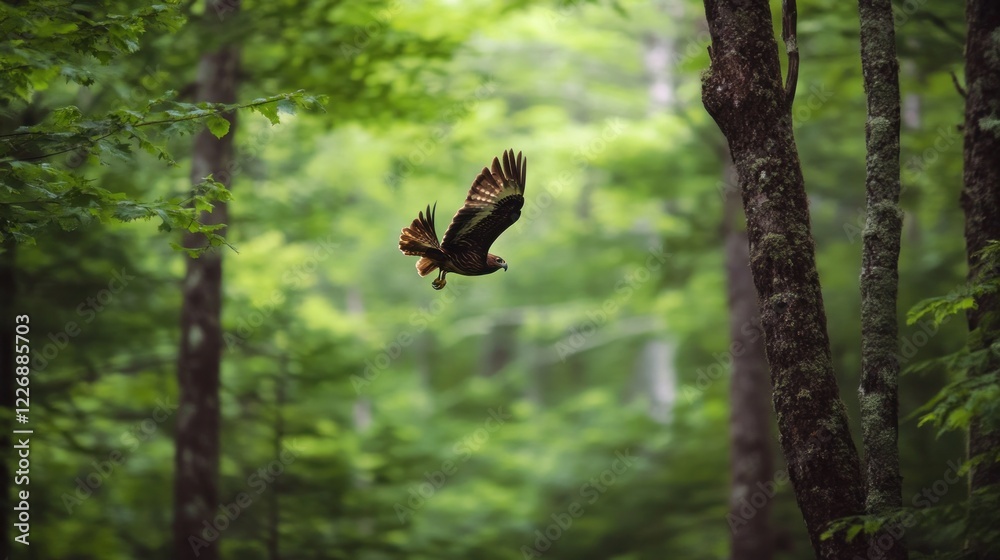 Majestic Hawk Soaring Through Lush Forest Canopy