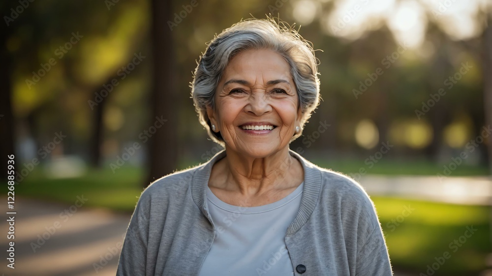 elderly hispanic female in gray casual wear on a park background model portrait smiling for ad concept space for text elderly hispanic female in gray casual wear on a park background model portrait smiling for ad concept space for text