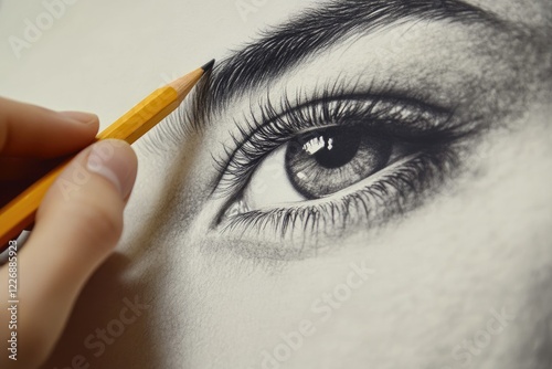 Artist draws a detailed eye with pencil photo