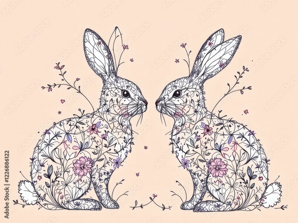 Obraz premium Intricate floral patterned rabbits facing each other on beige background