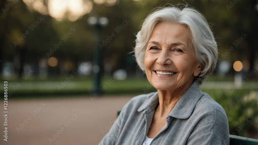 elderly caucasian female in gray casual wear on a park background model portrait smiling for ad concept space for text elderly caucasian female in gray casual wear on a park background model portrait smiling for ad concept space for text